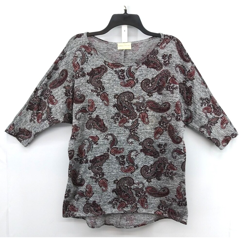 Bobbie Brooks Shirt Womens Large Gray Red Paisley 3/4 Sleeve Casual Pullover Top